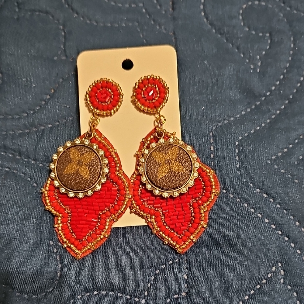 Red Beaded Drop Earrings with Gold Accents